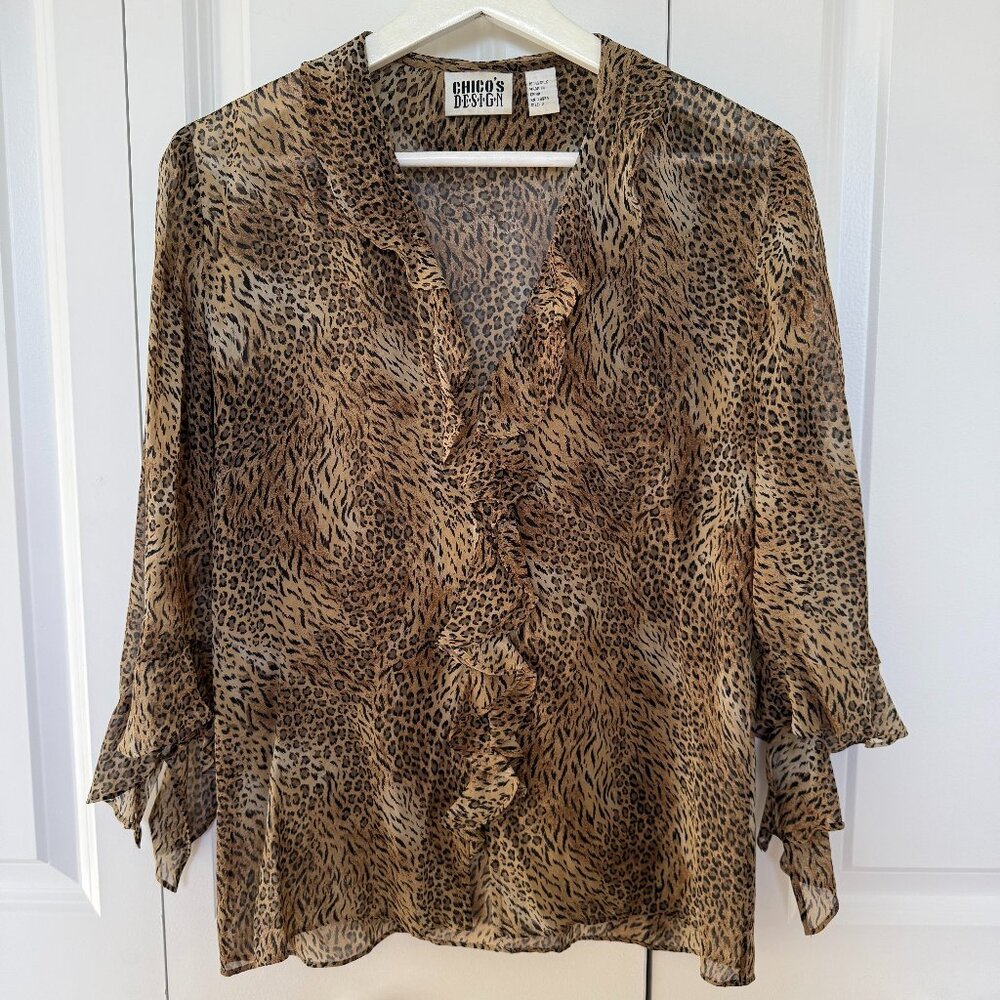 Vintage Chico's Design‎ 100% Silk Leopard Print Sheer Top Sz 0 Bell Sleeves
